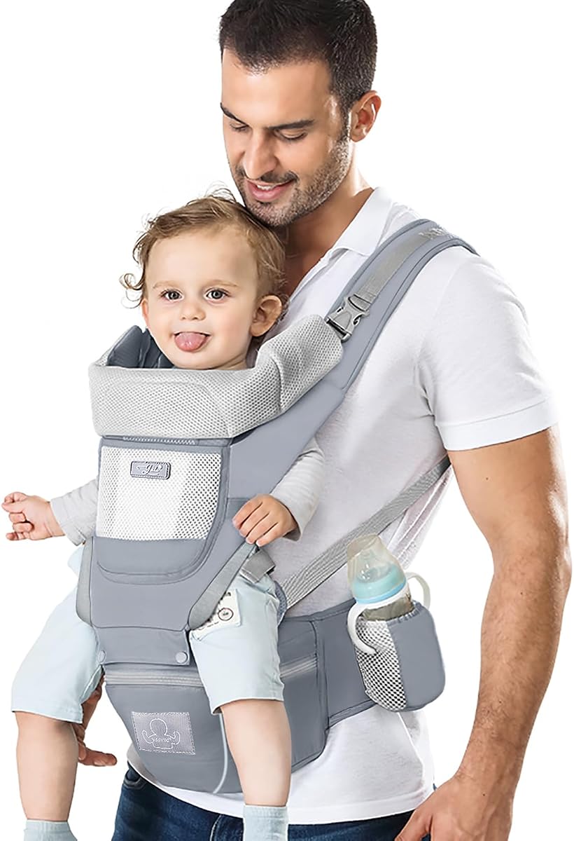 Baby Carrier Ergonomic Infant Carrier, Baby Hip Seat for 7-33lbs | Adjustable Waist Belt, Breathable Cotton and Mesh, Storage Pockets, Hands-Free Parenting, for Men Dad Mom