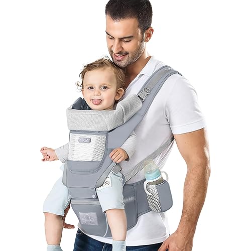 Baby Carrier Ergonomic Infant Carrier with Hip Seat Kangaroo Bag Soft Baby Carrier Newborn to Toddler 7-45lbs Front and Back Baby Holder Carrier for Men Dad Mom (Grey)