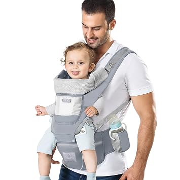 Baby Carrier Ergonomic Infant Carrier with Hip Seat Kangaroo Bag Soft Baby Carrier Newborn to Toddler 7-45lbs Front and Back Baby Holder Carrier for Men Dad Mom Grey