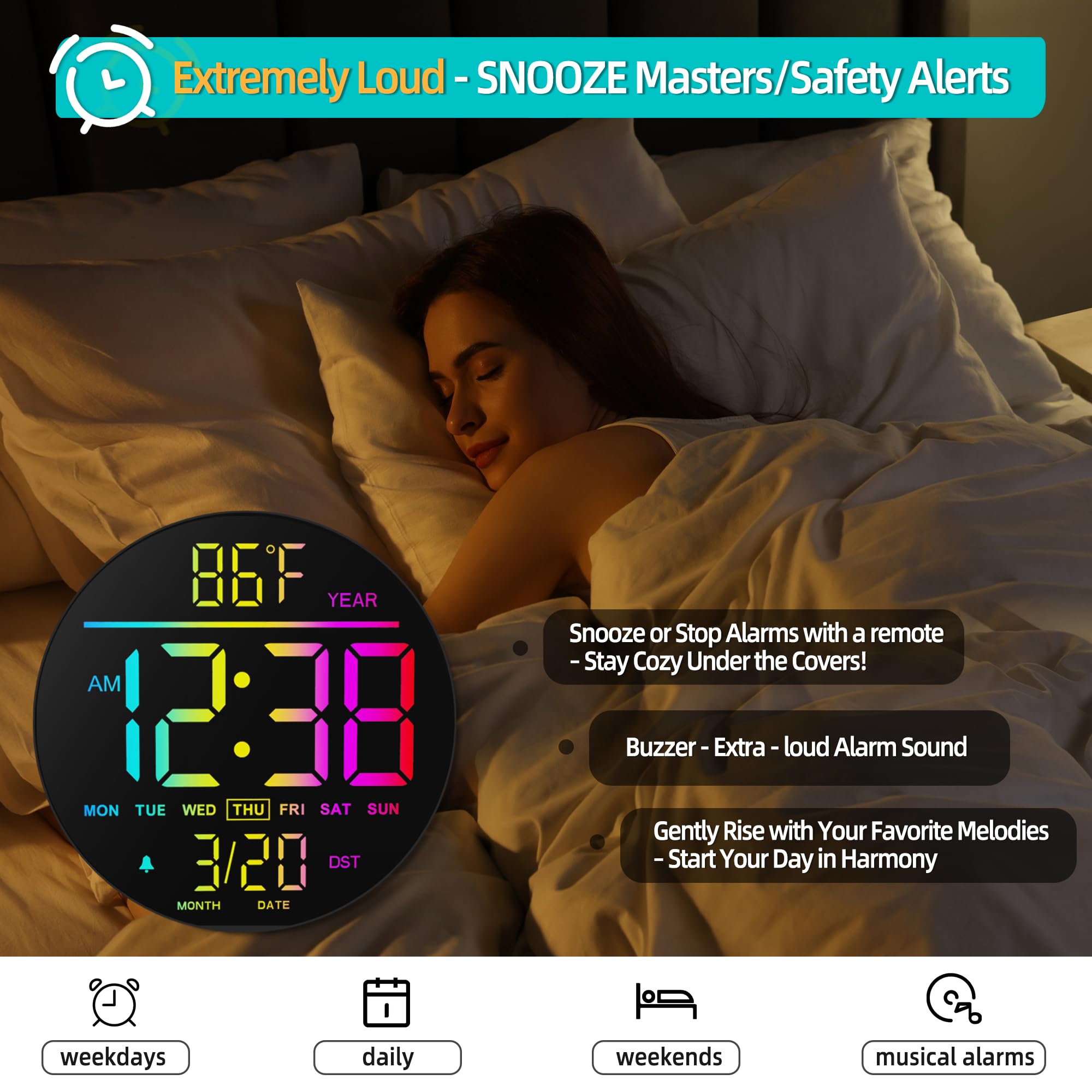 Maxstar Große Digitale Wanduhr mit Fernbedienung, 10-Zoll-Runduhr,8 RGB Farben, Modernes LED Display, Automatische Helligkeit, Sommerzeit, Temperatur, Wecker für Wohnzimmer, Schlafzimmer, Küche Dekor