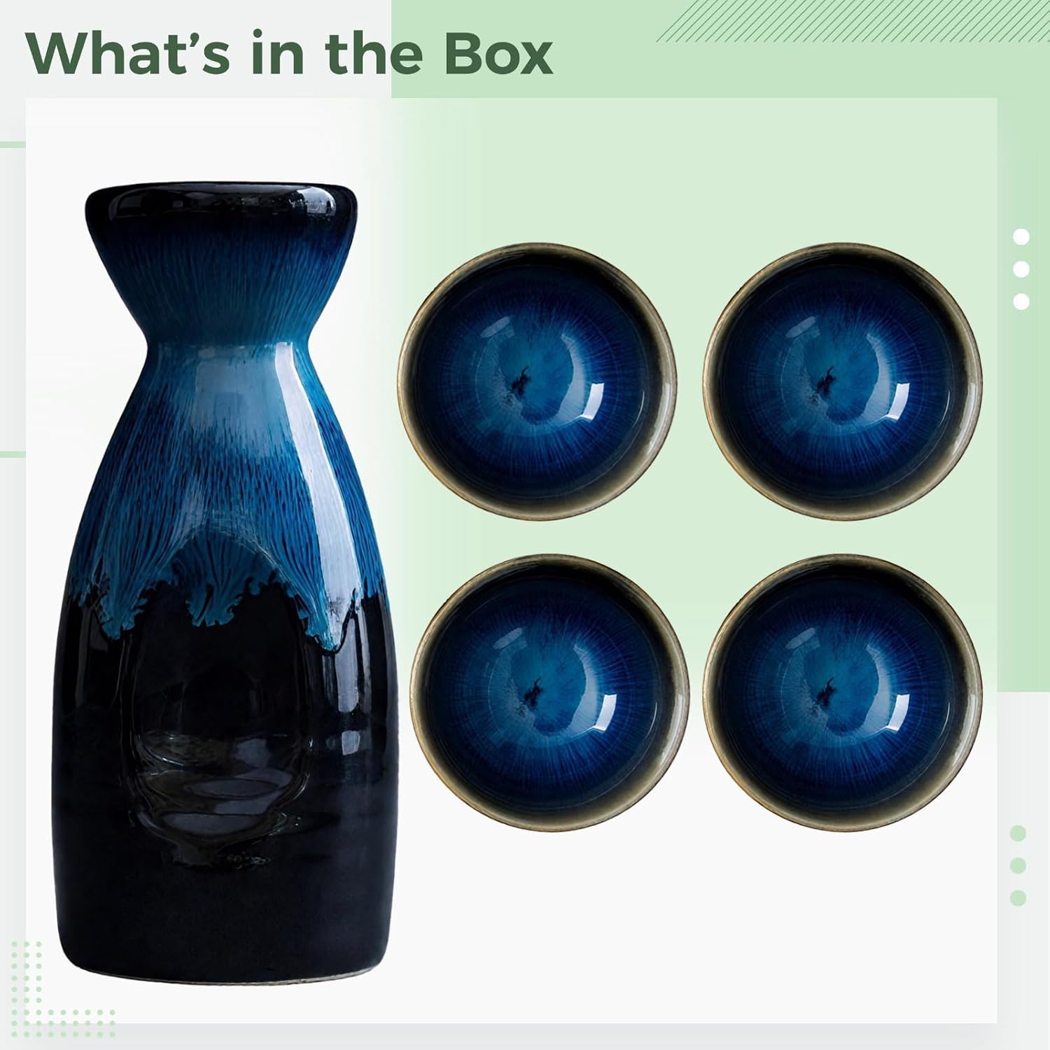 Japanese Sake 5-Piece Set, Ceramic Glasses with Bottle and Cups, Blue, 10.1 Oz / 300 Ml Bottle, 3.4 Oz / 100 Ml Cups, Glazed Pottery, Microwave & Dishwasher Safe