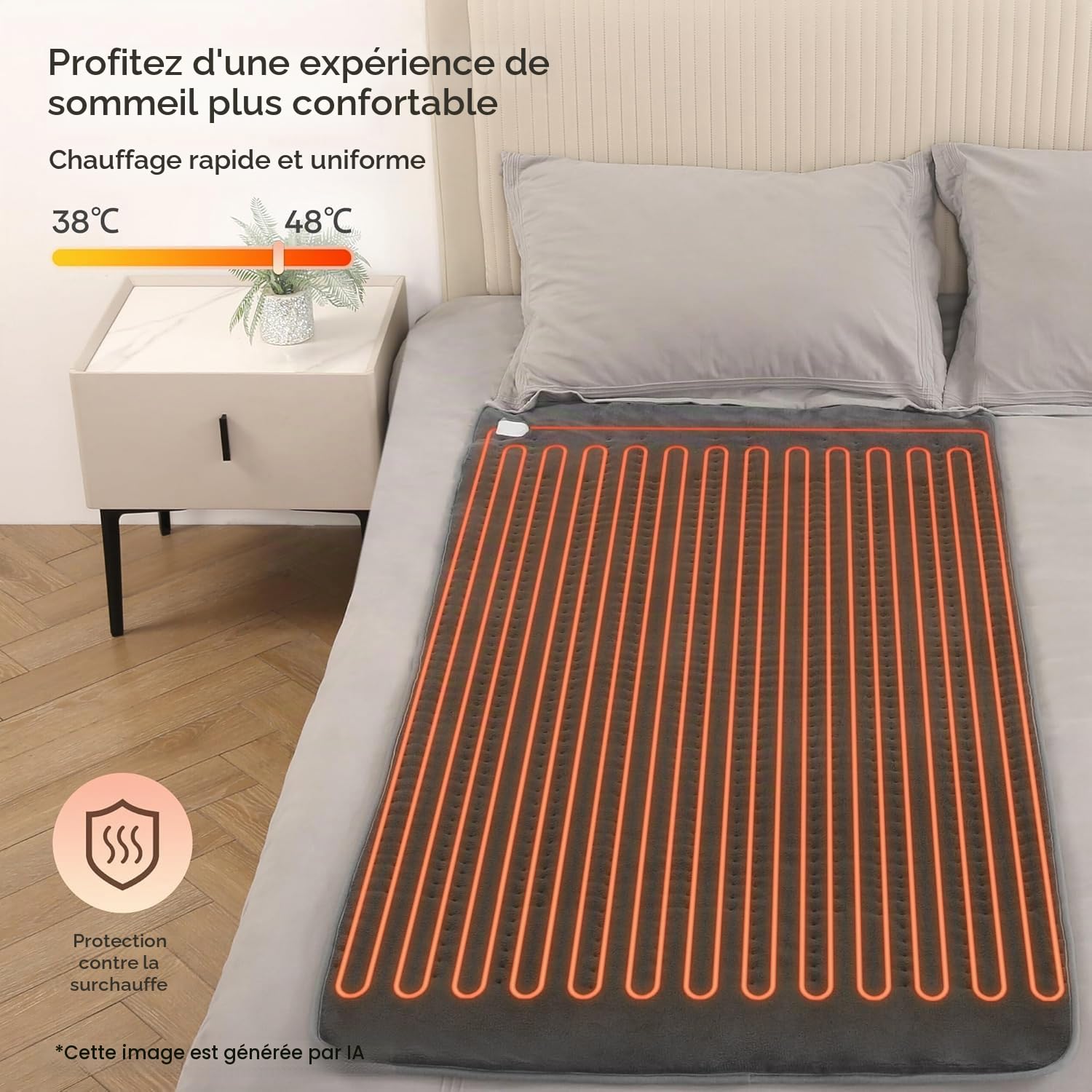 Couverture Chauffante Électrique 150 x 80 cm Gris Avec 10 Niveaux de Température, Extinction Automatique & Protection Contre la Surchauffe, Fixation Facile Sur Lit et Matelas