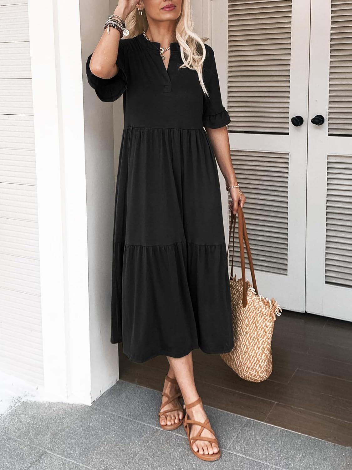 Short Sleeves Maxi Dress for Women A Line Summer Dress V Neck Casual Loose Tiered Long Dresses with Pockets - Image 3