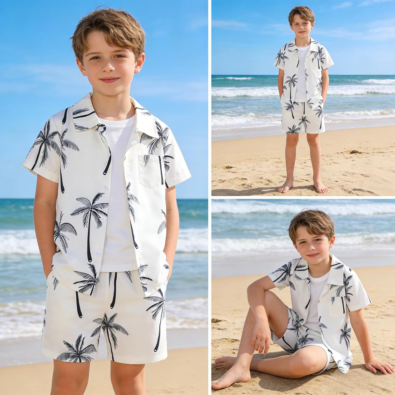 7-14 Years Boys Clothes 2 Piece Outfits Hawaiian Vacation Beach Short Sleeve Button Down Shirt and Shorts Sets