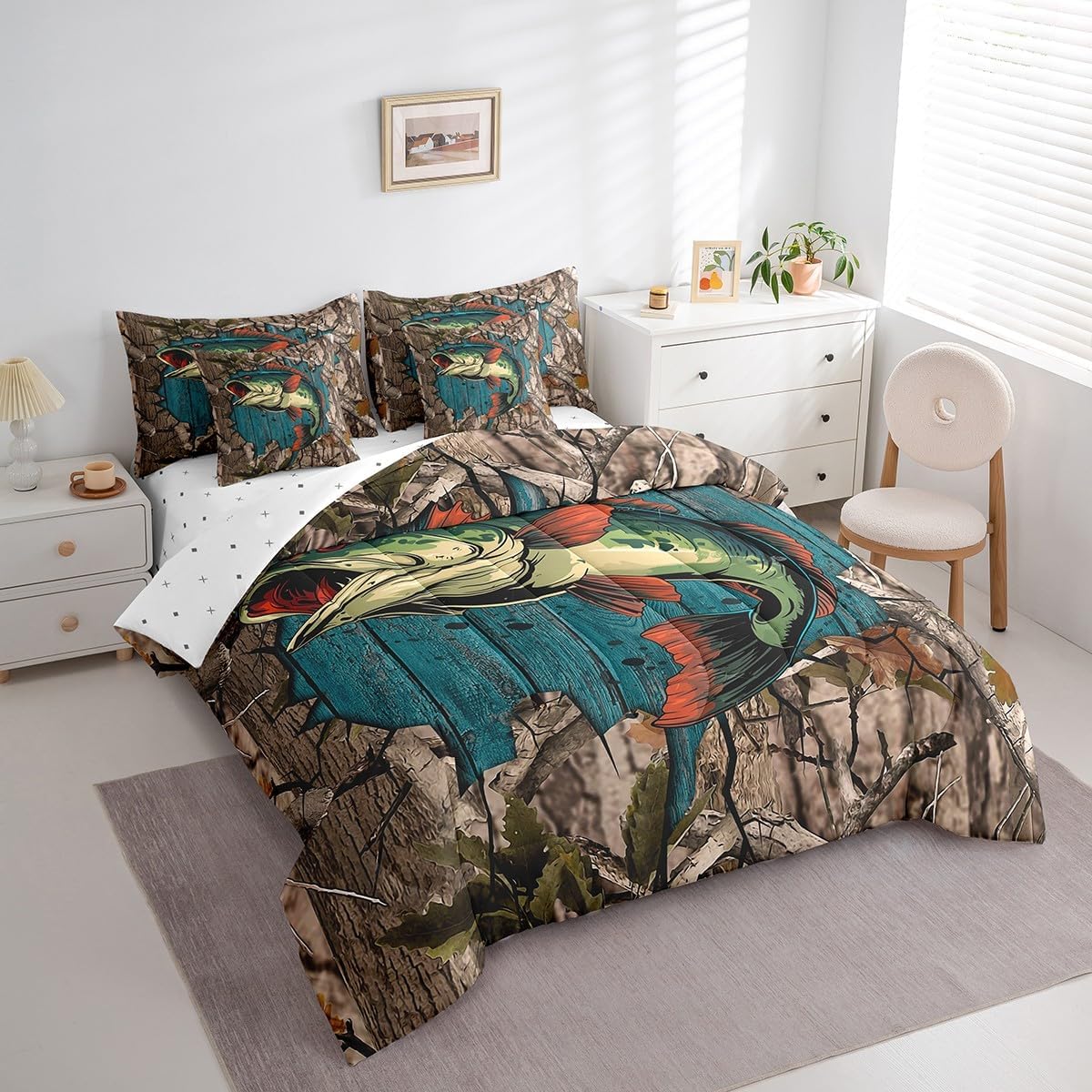 Feelyou Kids Pike Fish Bed in A Bag Full Size, Bass Big Fish 7 Pieces Bedding Sets Boys Girls Fishing and Hunting Comforter Set with Sheets Ocean Teens Bed Set Bedroom Decor