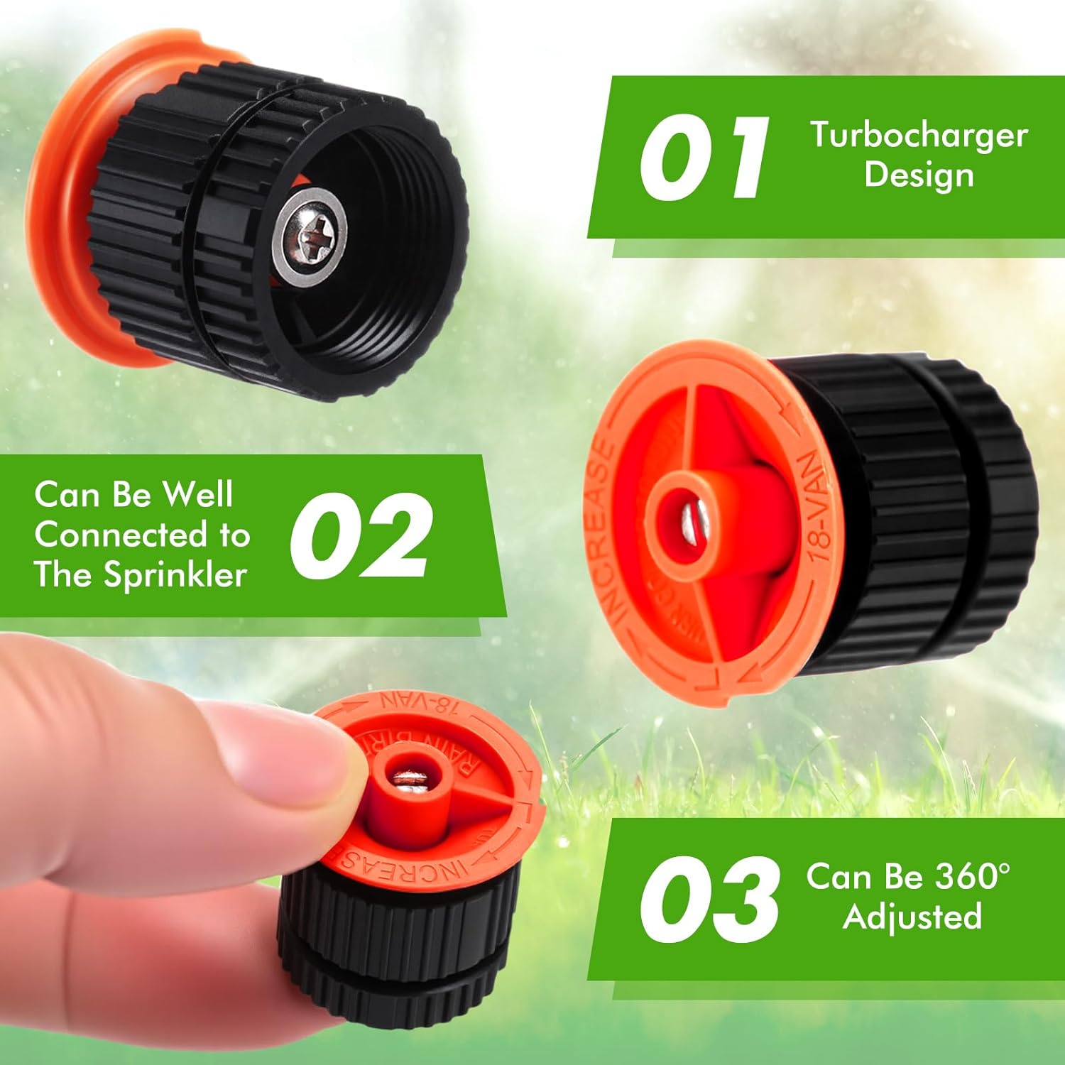 Honoson 16 Pcs Variable Arc Nozzle Radius High Efficiency Replacement Pop up Sprinkler Heads Compatible with Rainbird, Hunter, Orbit Pop-up Sprinklers (4/6/8/10 Van,Yellow,Orange,Green,Blue)