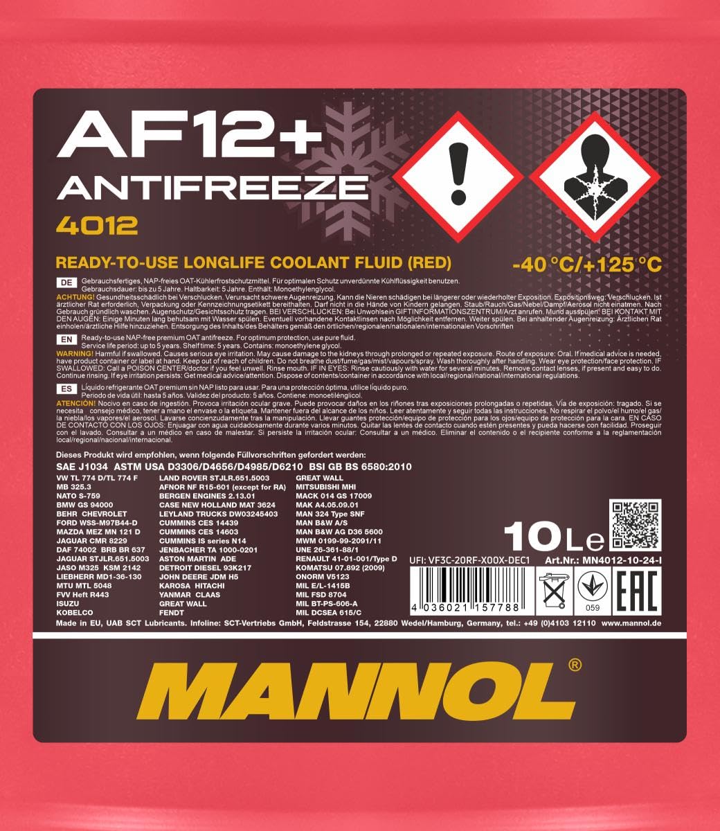 MANNOL MN4012-10 Antigel 10L Rouge | MN4012-10 AF12 Rose/rouge (mélange prêt à 40 °C), Mannol 4012 Antigel AF12 (-40) Longlife