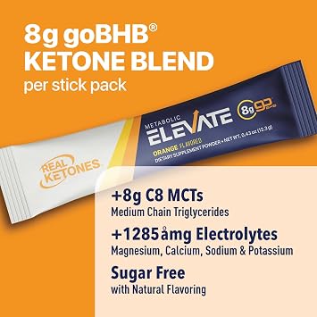 Real Ketones MCT & BHB Exogenous Ketones Drink Mix Packets Elevate Keto Electrolytes Powder Packets No Sugar with 4 Main Electrolytes Plus Hydrating Proprietary Keto BHB - 7-Pack Orange