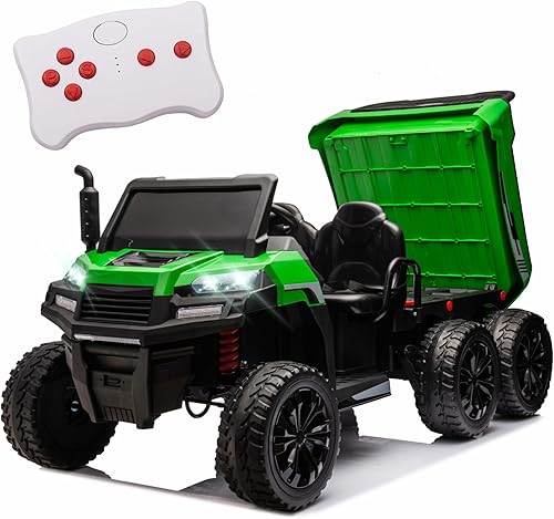 Auto de 24 V, 2 plazas, 6 ruedas XXL para niños, UTV 4WD con neumáticos EVA, Bluetooth, control remoto, auto con cama volquete, arnés de seguridad