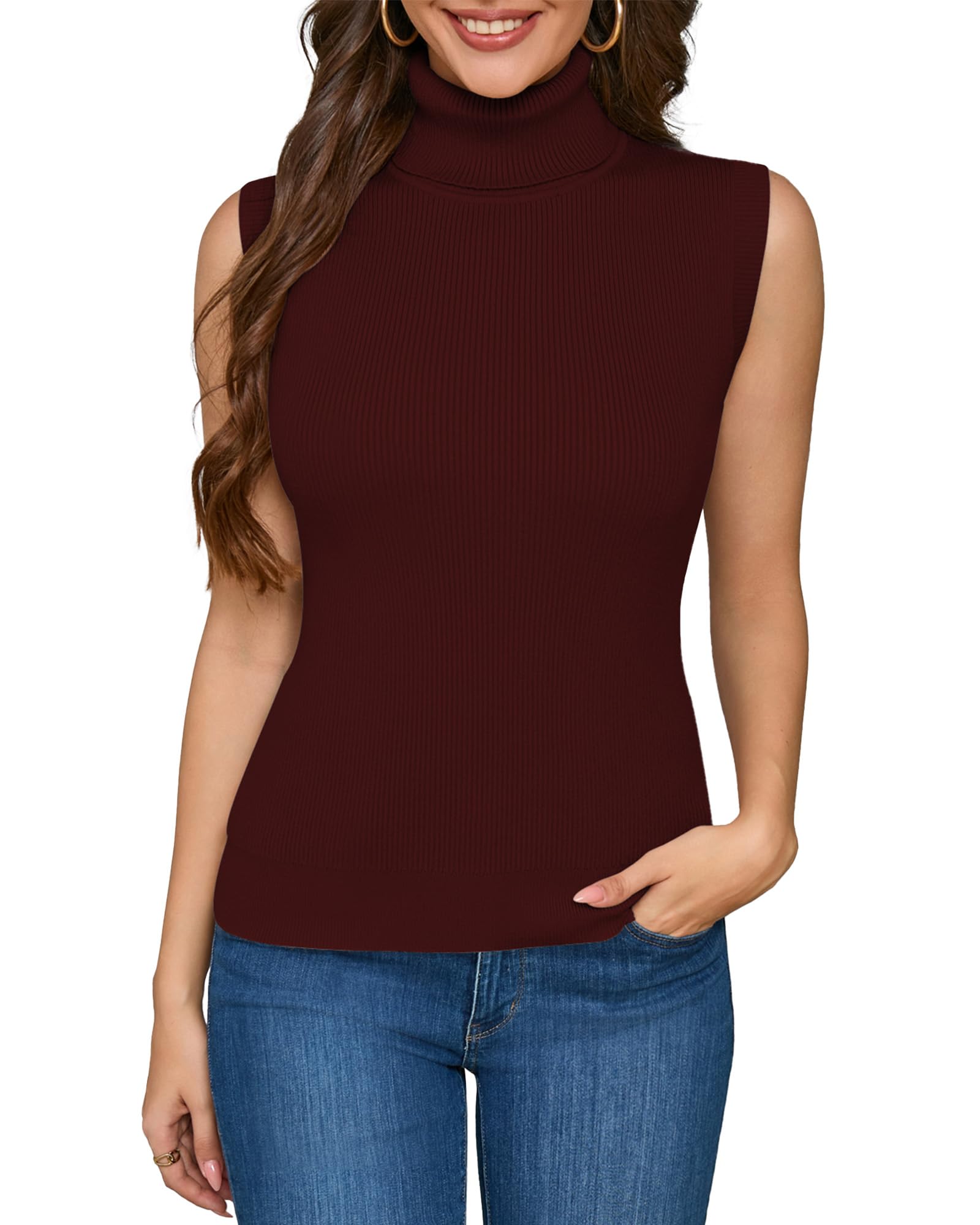 ALFYRCFT Sleeveless Turtlenecks for Women Mock Turtle Neck Ribbed Knit Pullover Sweater Vest Tank Tops Casual Stretchy 2025, Wine Red, M