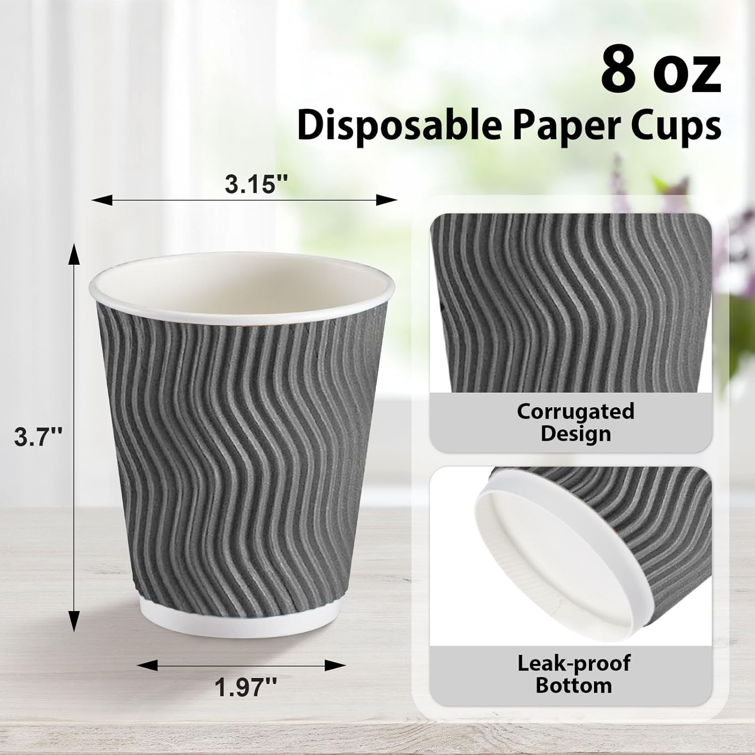 Clawsoff 500 Pack 8oz Coffee Cups,Insulated Ripple Wall Disposable Paper Cups 8 Ounce,To Go Cups for Hot & Cold Drinks,Gray