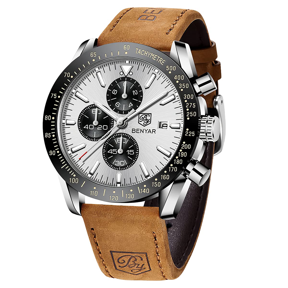 BENYAR Orologio da Uomo Cronografo Analogico Movimento al Quarzo Impermeabile Luminoso Moda Sportivo Affari Orologio da Polso Cinturino in Pelle/Acciaio Inox Elegante Regalo per Uomo