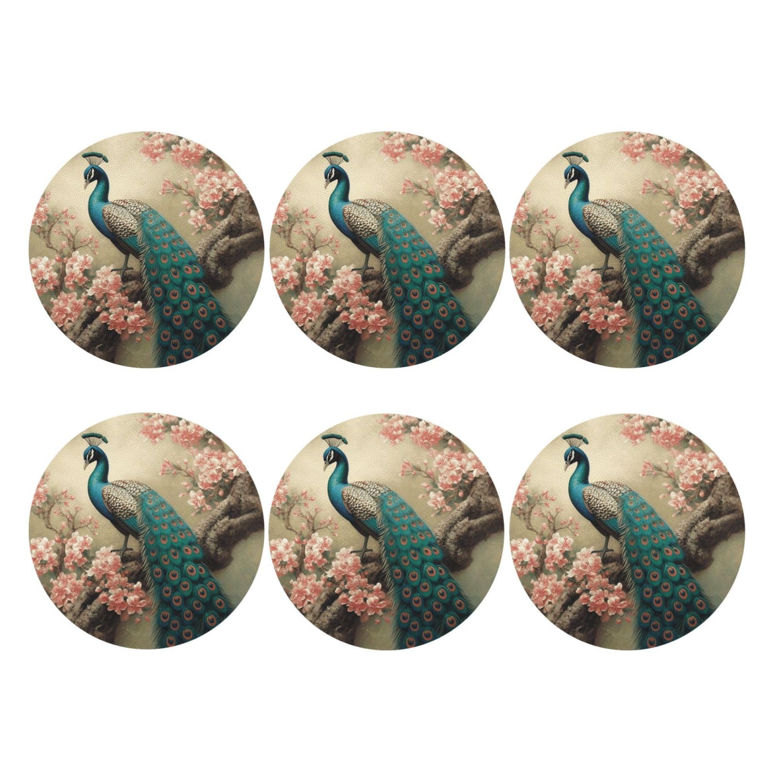 6pcs Leather Coasters for Drinks, Oriental Peacock Drink Coasters for Tabletop Protection, 4" Cup Coasters for Coffee Table Decor, Non-Slip Drinking Cup Mat for Hot Or Cold Drink