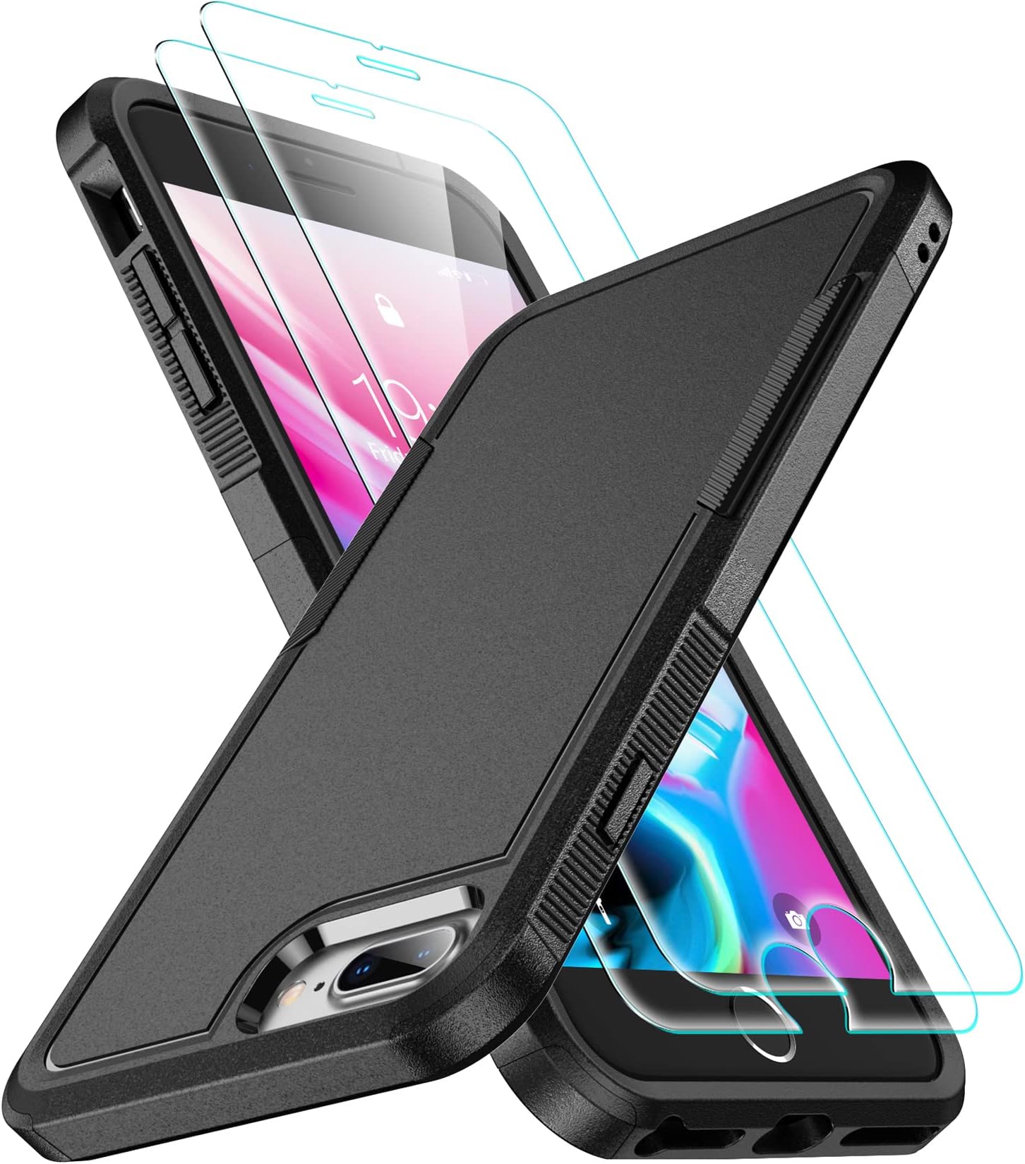 SPIDERCASE for iPhone 7/8 Plus Case, [10 FT Military Grade Drop Protection] [Non-Slip] [2 pcs Tempered Glass Screen Protector] Heavy Duty Full-Body Shockproof Case for iPhone 7/8 Plus 5.5”, Black