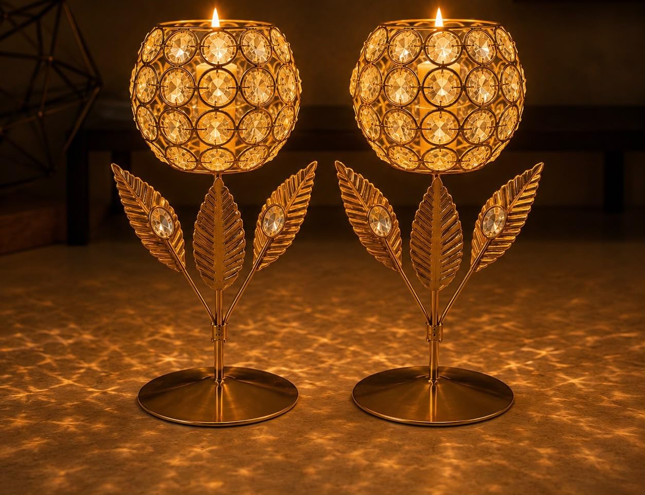 Crystal Candle Holder with Leaf Stand, Pack of 2 | Tealight Compatible, crystal candle holder diwali-image-28