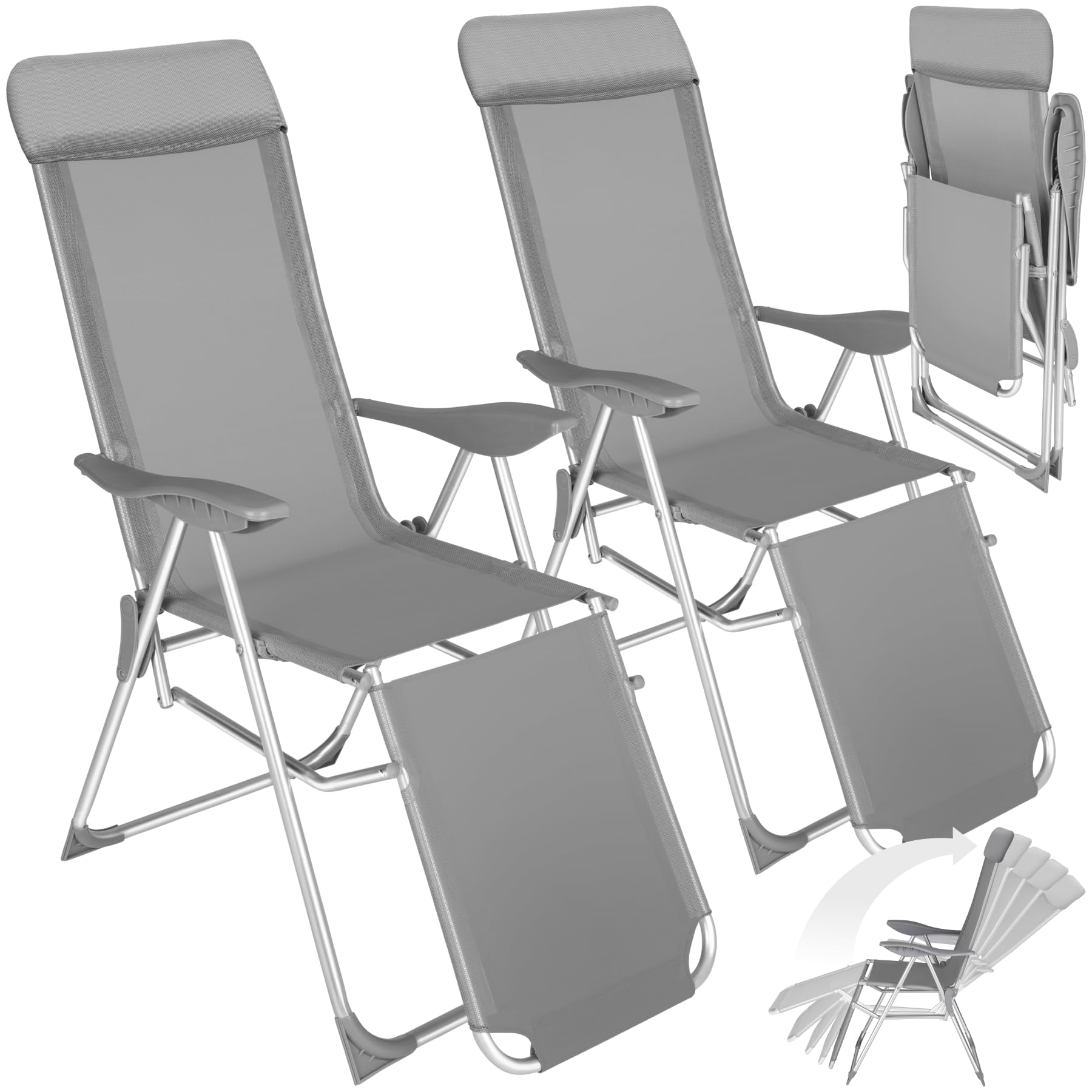 TecTake® Outdoor Aluminium Garden Chairs, Adjustable Back and Headrest, Set of Terrace Chairs Weatherproof, Breathable, Reinforced Legs – 2 Grey Sun Loungers