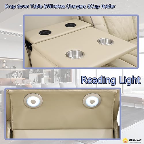 Miniatura 4 de Juego de muebles de sala de estar, sofá reclinable eléctrico con puerto USB, sofá reclinable eléctrico de cuero beige, sofá biplaza y silla