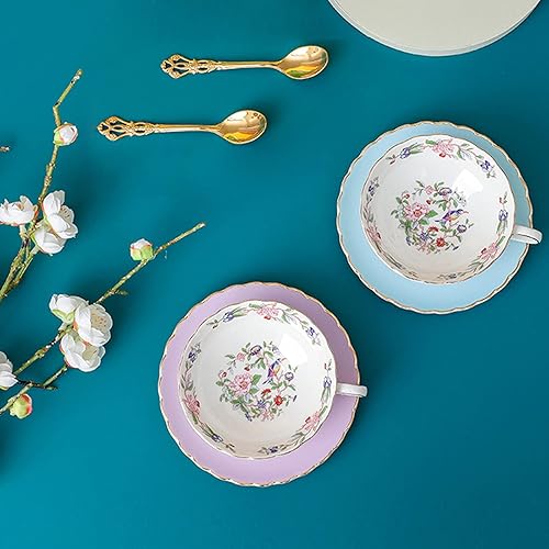Miniatura 4 de fanquare Taza de té y platillo de porcelana floral, taza de café con flores rosadas, taza de té azul de la tarde con ribete dorado
