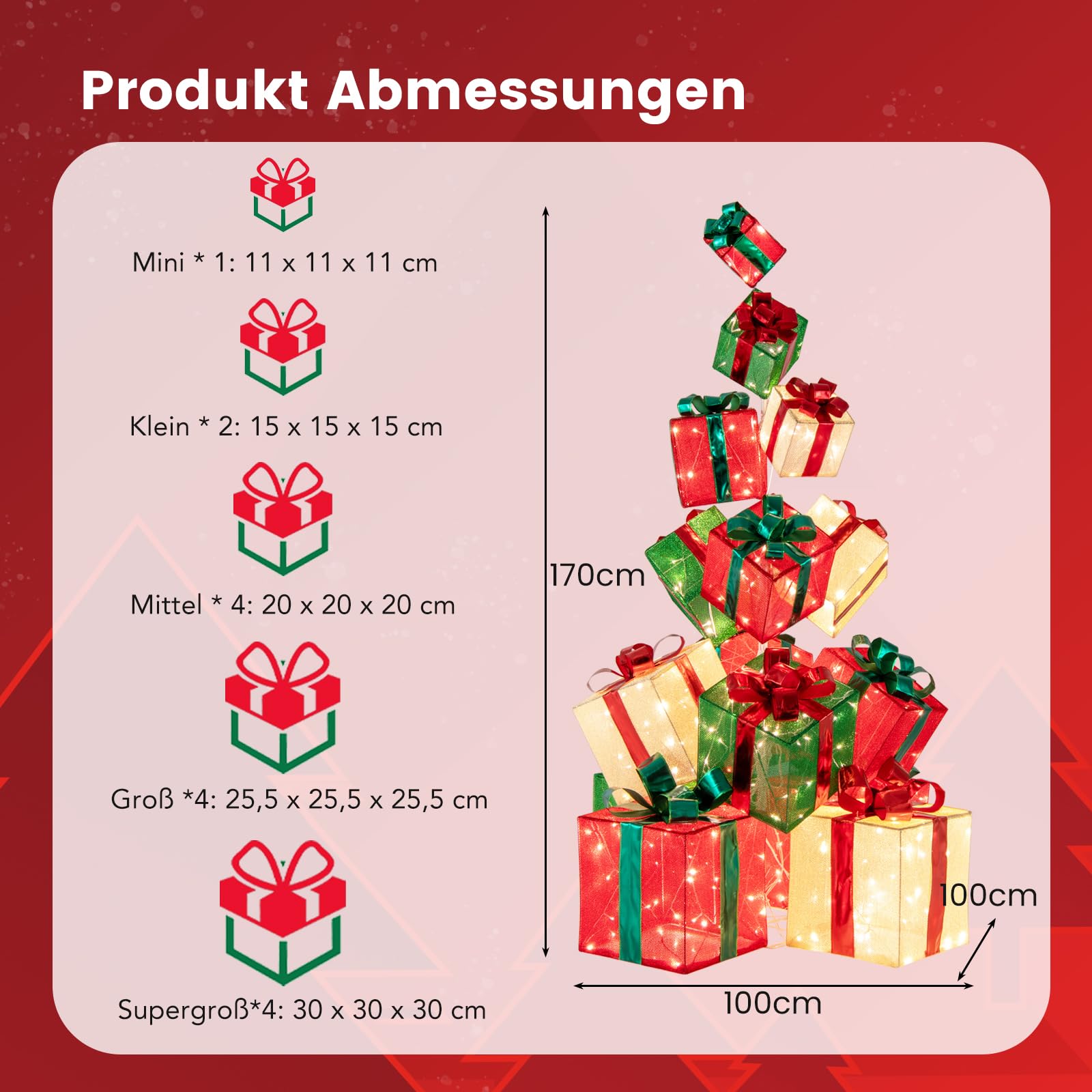 GOPLUS 15er Set LED Geschenkbox, 170cm Weihnachtsboxen Deko stapelbar mit 450 Lichtern, beleuchtete Weihnachtsdeko mit Schleifen & Metallständer für Weihnachtsbaum Zuhause Schaufenster Gartenrasen