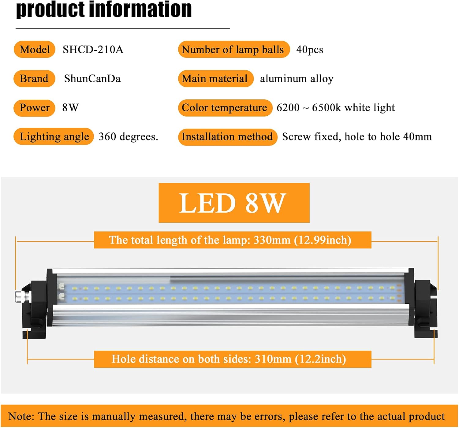 Led Industrial Machine Tube Light, IP66 Waterproof Explosionproof Work Lamp 13" 8W for CNC Internal, 110V to 220V Universal