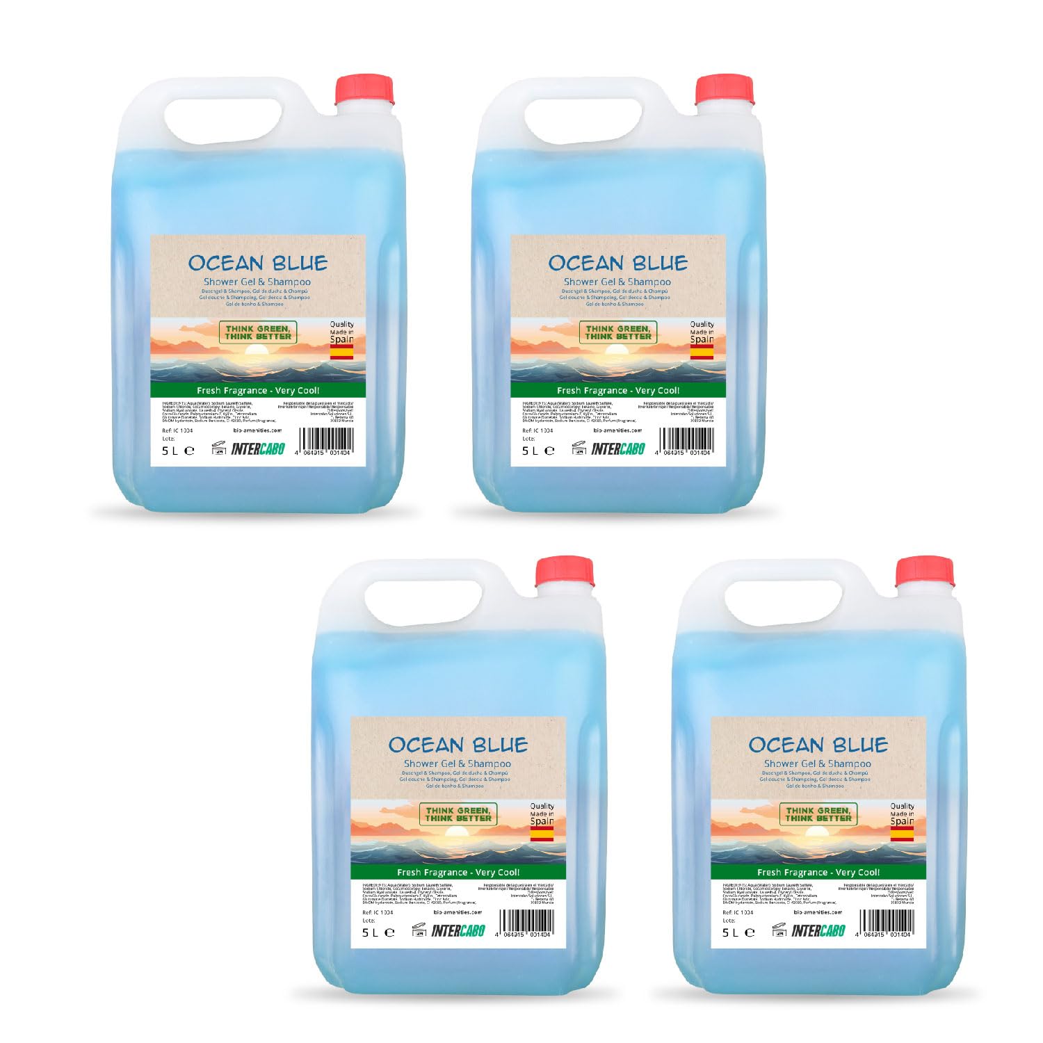 4 x 5 Liter Kanister Intercabo Duschgel & Shampoo 2in1 Ocean – Kombiprodukt zur Haar- und Körperpflege – pH-neutral – Nachfülllösung für Spender in Hotel, Spa, Gemeinschaftsdusche und Sporteinrichtung