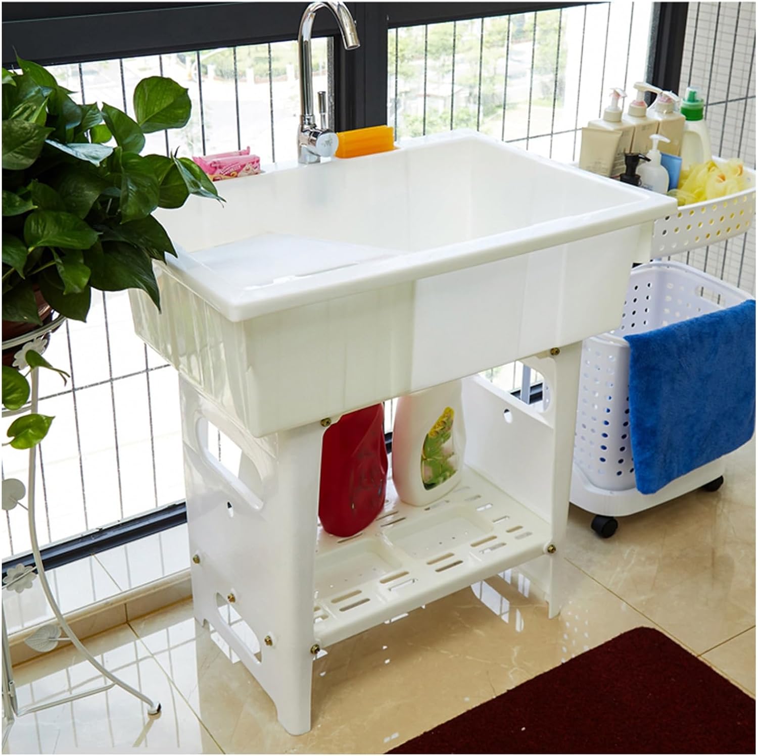 Plastic Sink Freestanding Laundry Sinks with Scrub Board Utility Easy to Install Multifunctional Laundry Bathroom Cleaning Basin(White)