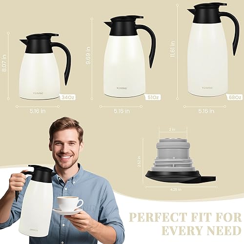 Miniatura 4 de Jarra de café térmica de 68 oz, jarra de acero inoxidable con aislamiento al vacío para mantener el café caliente, dispensador de 2 litros para té,