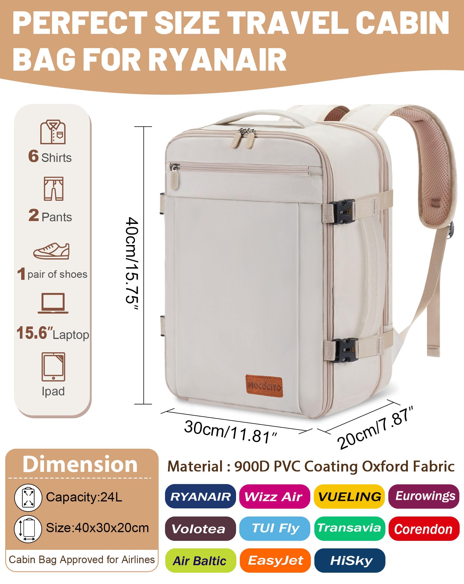 Bagage Cabine 40x30x20cm Extensible, Sac à Dos de Voyage, Sac Cabine Avion 24L-30L pour Vueling/Transavia, avec Compartiment PC 15.6" - Beige Crème