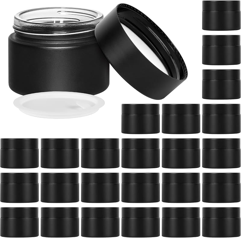 Frascos cosméticos cilíndricos de vidro com tampa rosqueável Exlvanto, cor Black Frosted, capacidade de 60 mL, Pacote com 24
