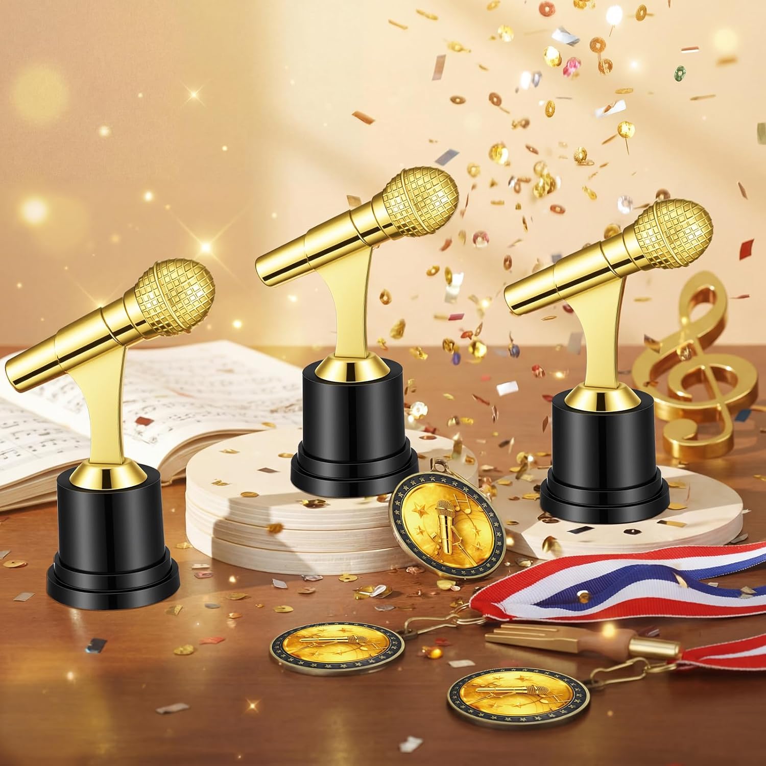 Ceenna 24 Pcs 5" Microphone Music Trophies and 1.97" Music Medals with Neck Ribbons Personalized Gold Microphone Award Trophy with Custom Engraving Prize for Singing Competitions Karaoke Talent Show