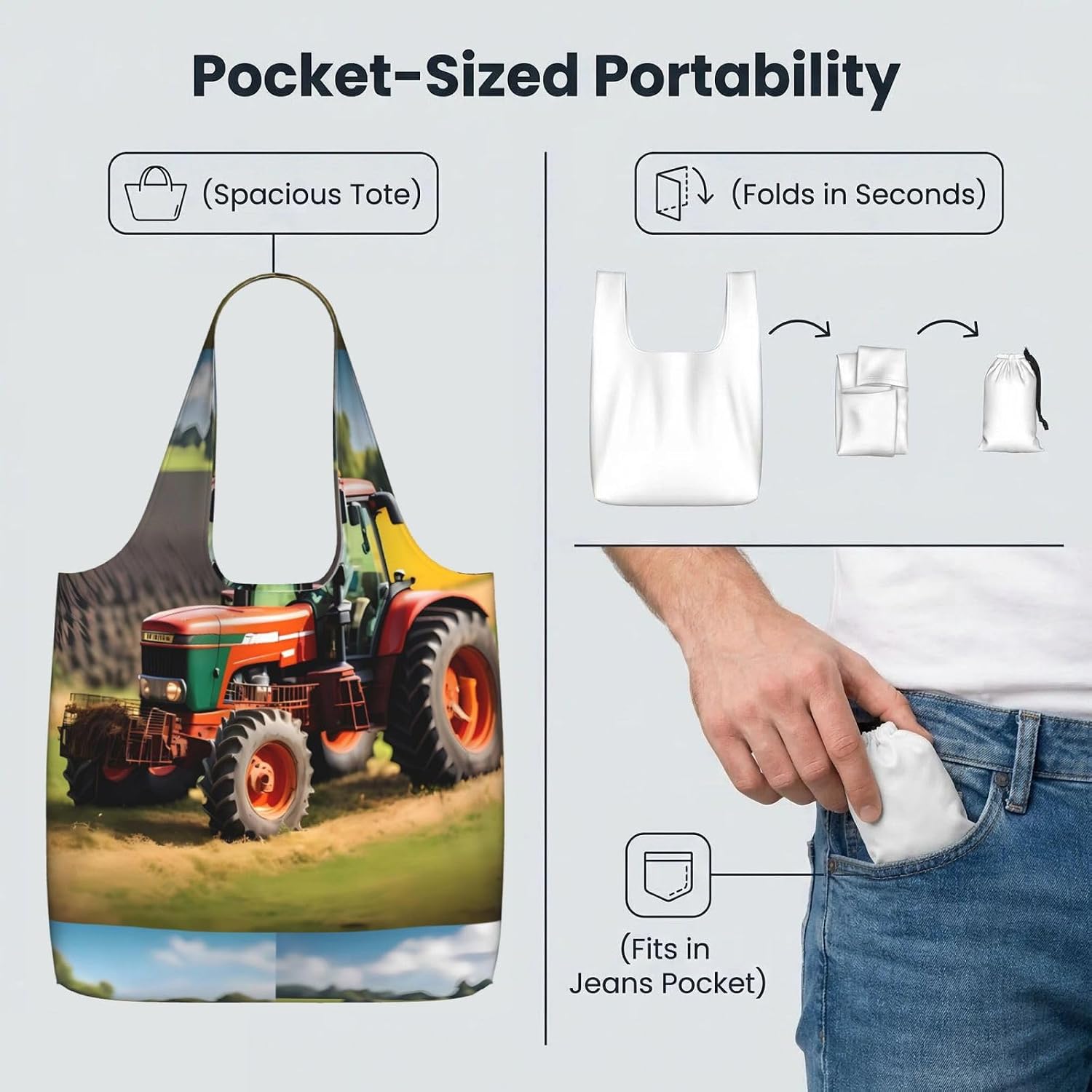 Reusable Shopping Bags Lightweight Foldable Grocery Bags In Pocket,Washable Large Tote Bags Company Farm Tractors Travel Shoulder Bag Gifts For Women Men image 5