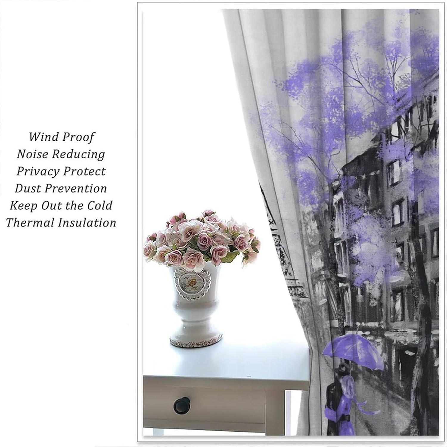 Paris Eiffel Tower Blackout Window Curtains, European Cityscape Eiffel Tower Purple Trees Pattern Print Window Drapes, for Bedroom Living Room 21(W)*45(L) 2 Panels