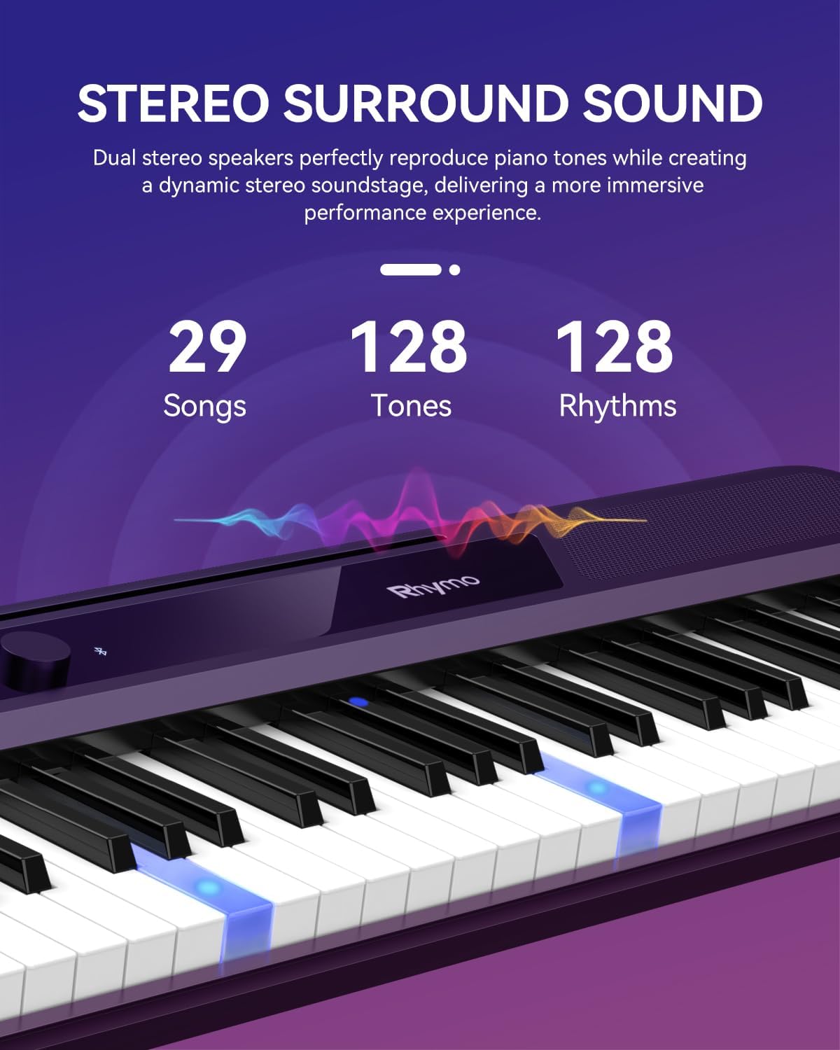 Rhymo 61 Key Smart Keyboard for Beginners, Portable Light up Music Keyboard with Bluetooth, Music Stand, Earphones, Electric Piano Keyboard Built-In Dual Speakers and One-Year Free Apps for Practice
