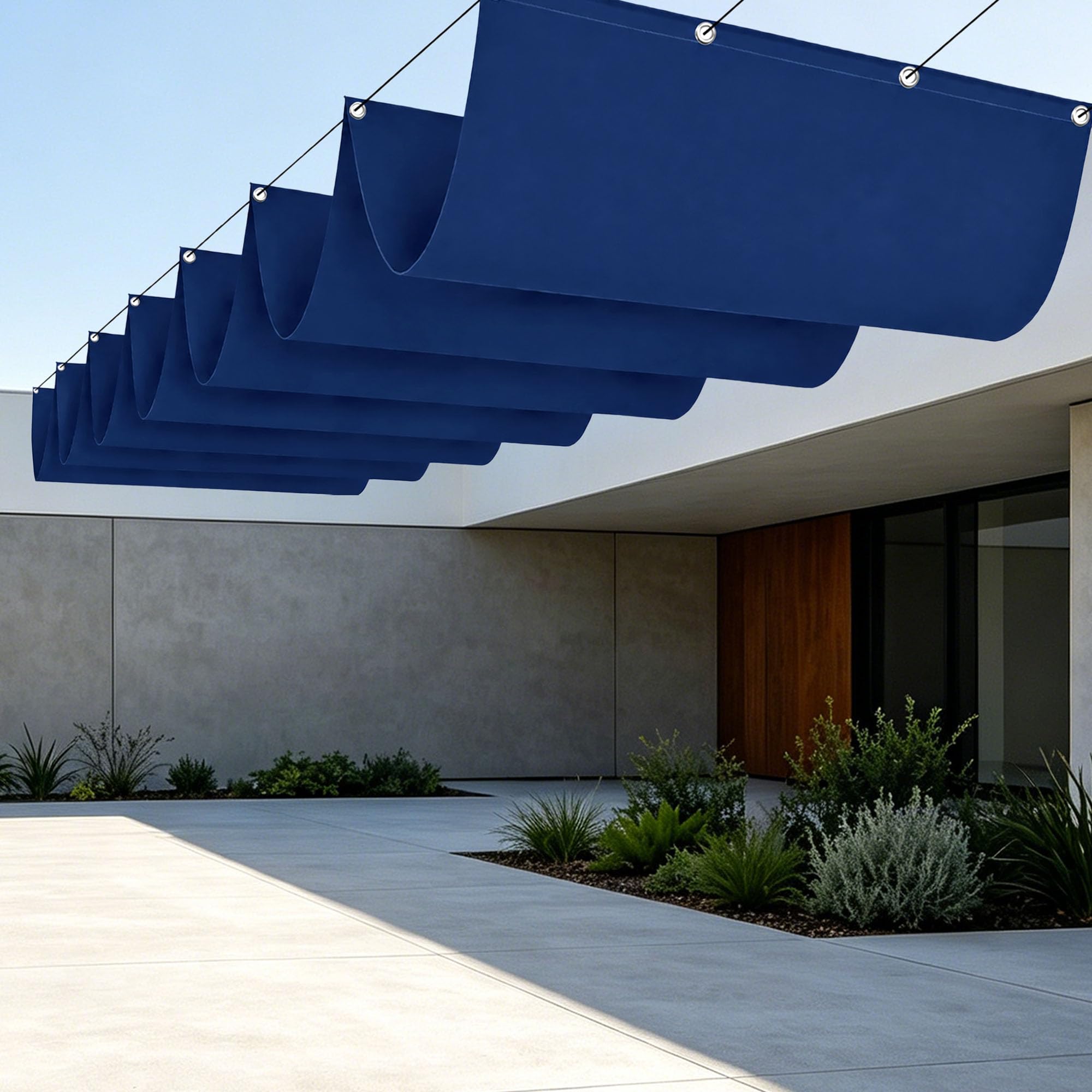Voiles d'ombrage imperméable 550 x 580 cm, ombrage rétractable bleu marine anti-pluie pour patio
