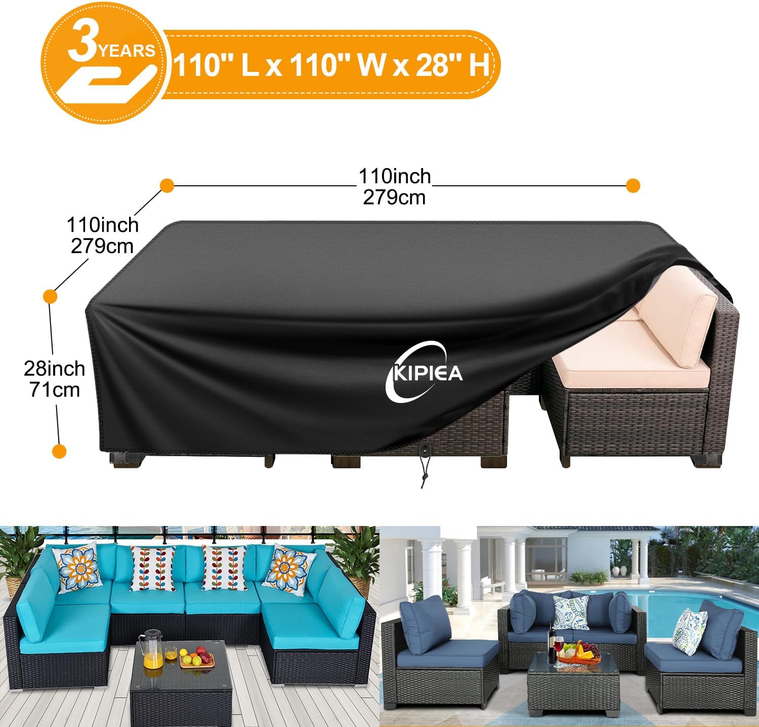 kipiea outdoor furniture covers waterproof, 420d heavy-duty patio furniture set covers, no tears anti uv no fading (110" l x 110" w x 28" h)