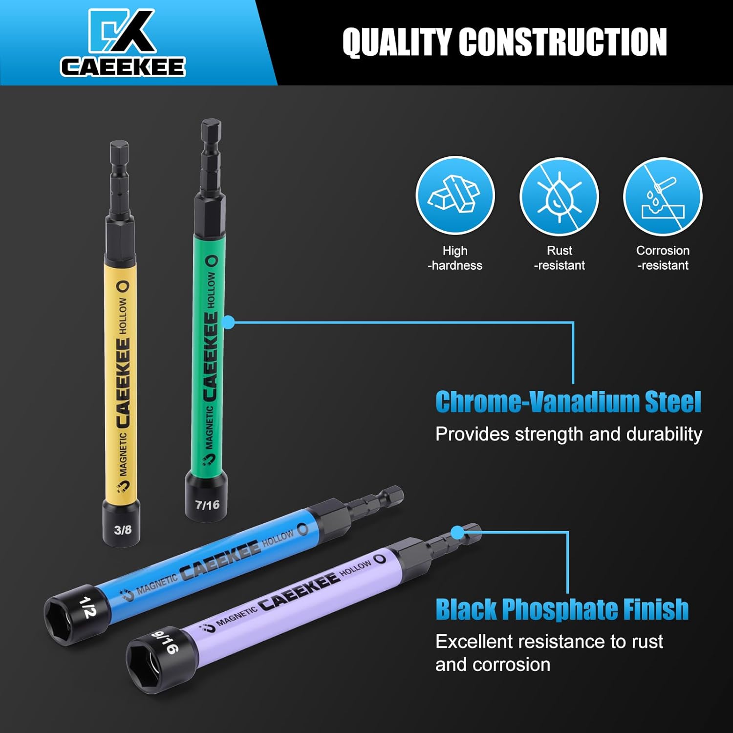 6PCS Magnetic Hollow Power Nut Driver Set, SAE(1/4" - 9/16"), Color Coded, Hex Sizes, Cr-V, 6-Inch Extended Reach Hollow Nut Driver