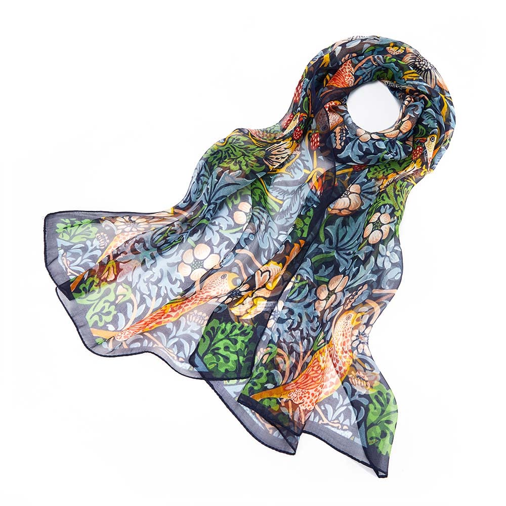 Signare Women's 100% Silk Lightweight and soft Scarf/Headwear with William Morris Design (Strawberry Thief Blue)