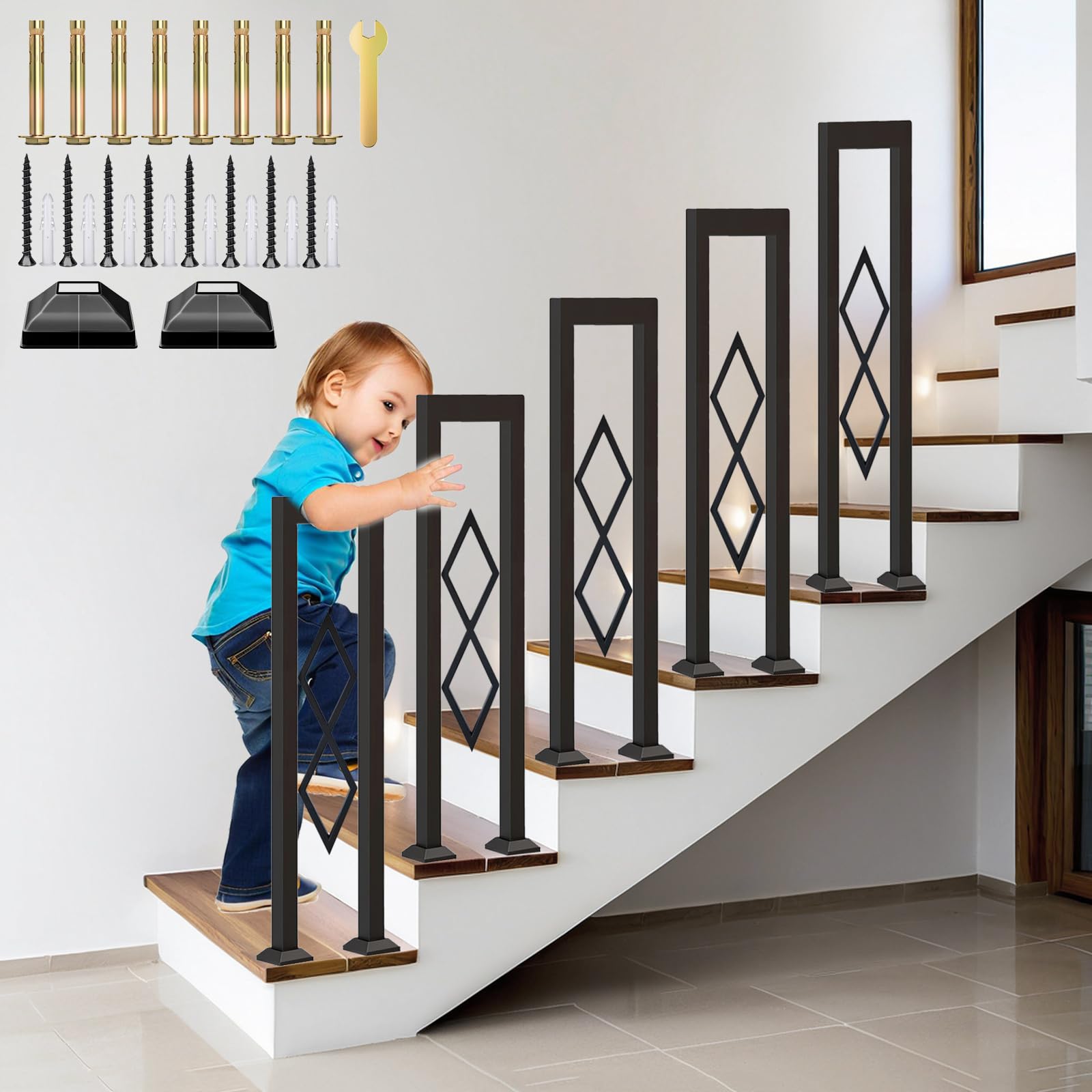 Ringhiera per Scale Forma di U, Metallo Corrimano con Diamante e Base Coperta, Passamano Interna per Loft, Balcone, Balaustra Esterna, Installazione Verticale (Nero, 90cm)