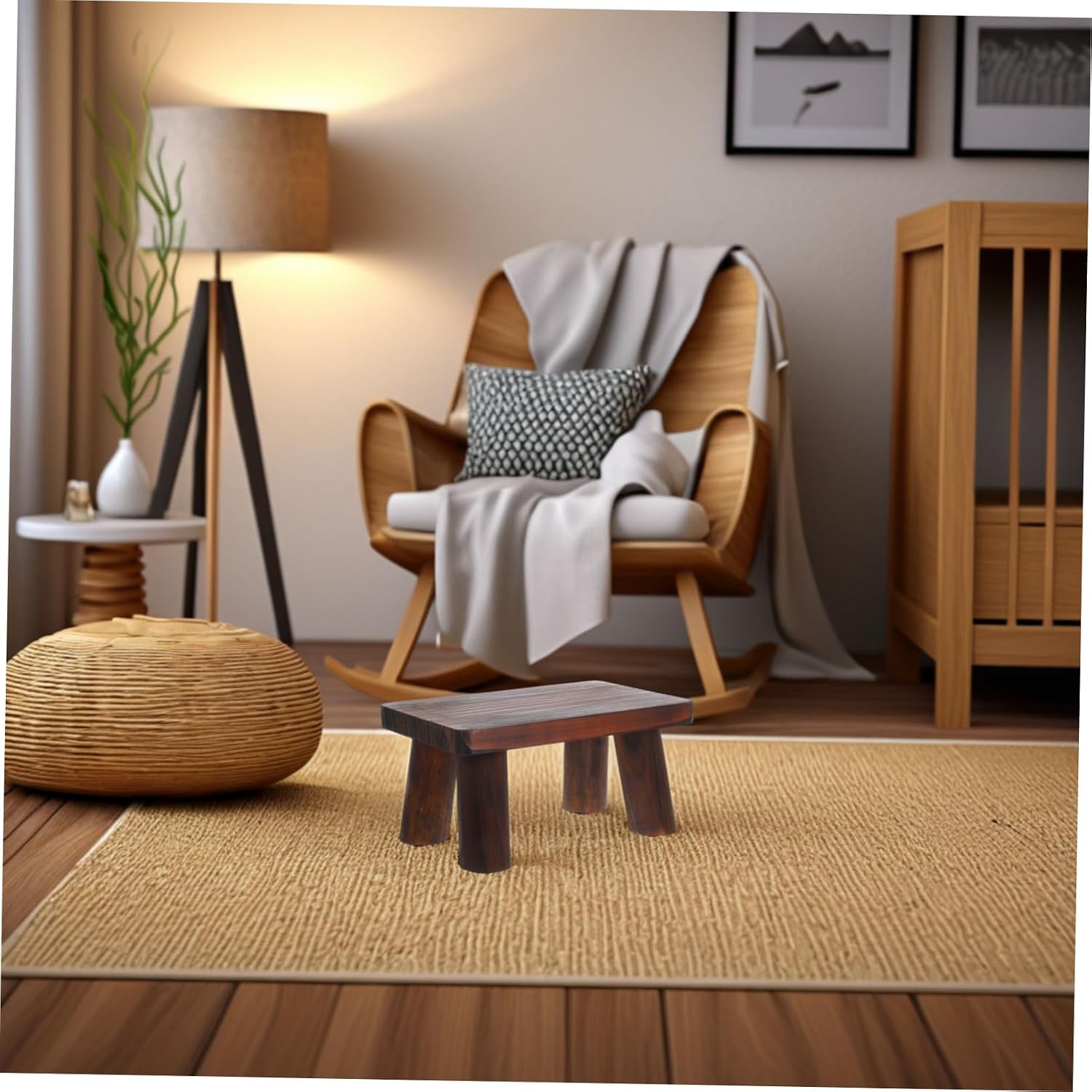 Generic Rustic Wood Step Stool for Seniors Portable Single Step Foot Stool for Bedside Bathroom Kitchen & Office Pine Wood Design 1pc Heavy Duty Support
