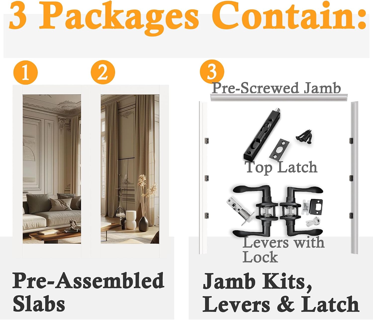 Prehung French Door 64" x 80" (2x32 in), Mirror Door Slabs with Jamb, Black Hinges, 4 Levers & Latch, Solid Core Interior Door, Pre-Finished & Paintable, One Side Mirror & The Opposite White