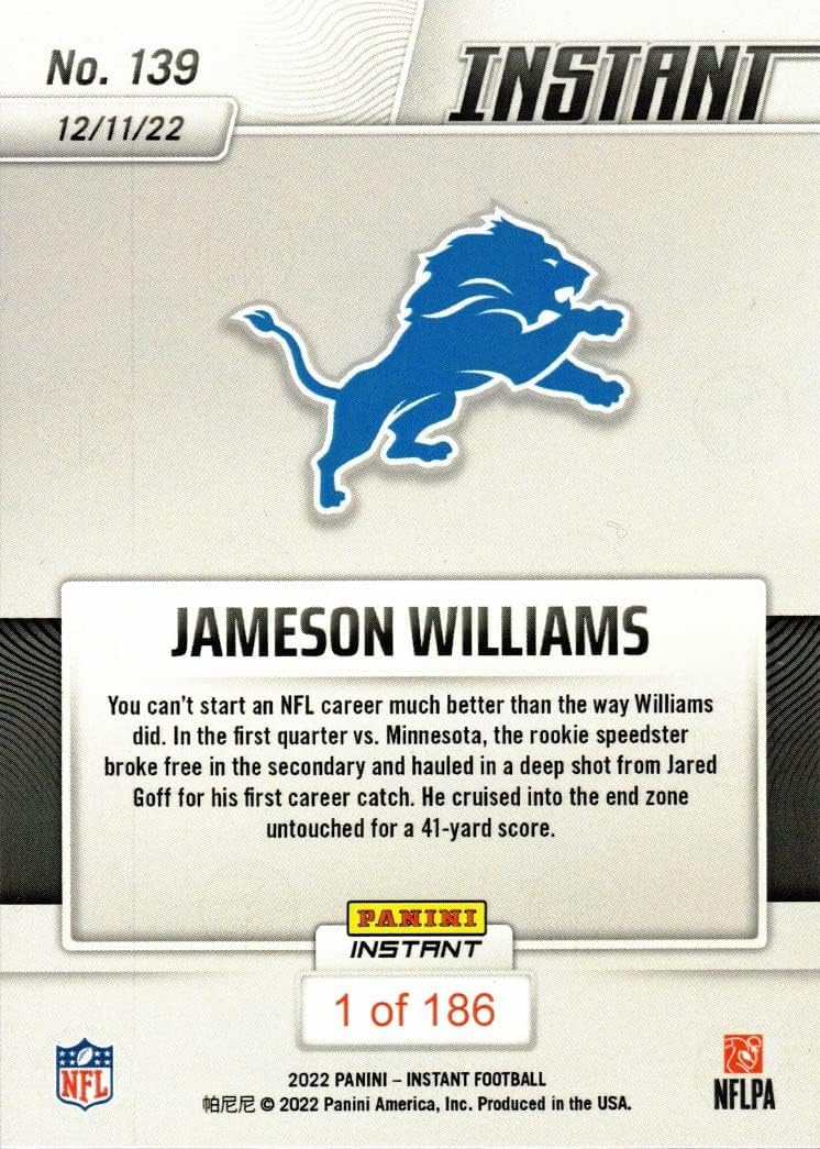 2022 Panini Instant Football #139 Jameson Williams Rookie Card Lions - Only 186 made!