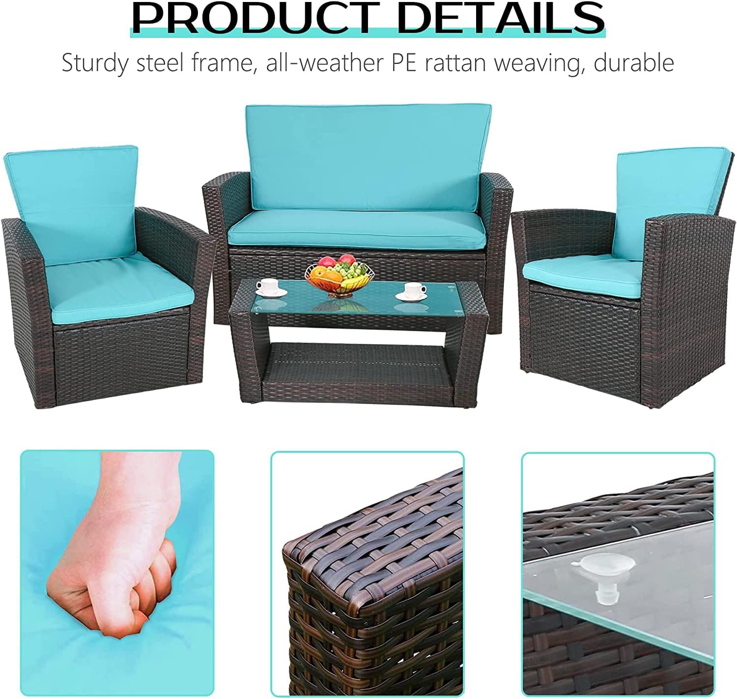 PayLessHere 4 Pieces Patio Conversation Set, Outdoor PE Rattan Wicker Sofa Furniture Set with Soft Cushions and Glass Coffee Table for Backyard Lawn Garden Balcony Porch Poolside (Blue)