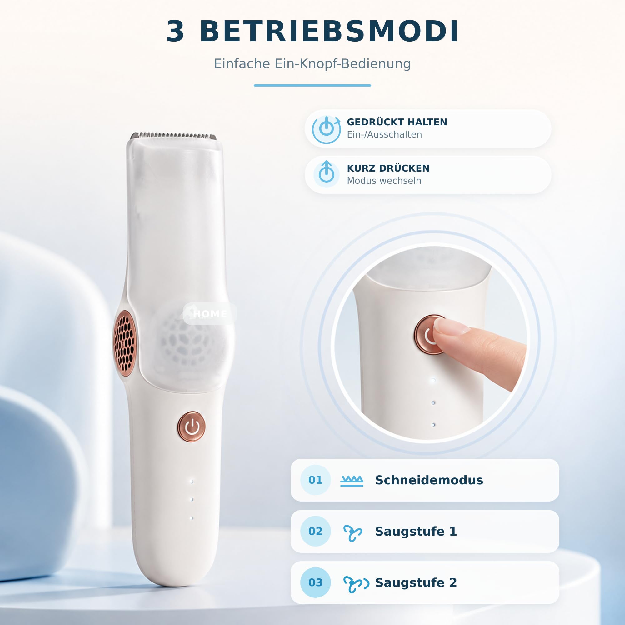 HOME Baby Haarschneider mit Absaugfunktion, Leise Kinder Haarschneidemaschine IPX7 Wasserdicht, 3 Geschwindigkeiten, Keramikklinge mit Abgerundeten Kanten, USB-C, 3 Führungskämme