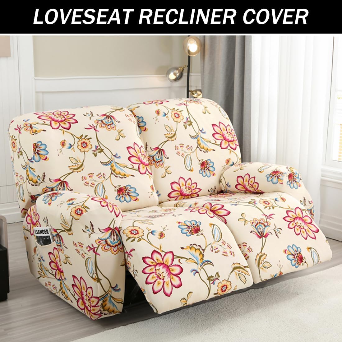 Stretch Loveseat Recliner Covers, 6-Piece Soft Spandex Recliner Slipcover Print Recliner Sofa Covers Furniture Protector with Pocket (Flower01, Recliner Loveseat)