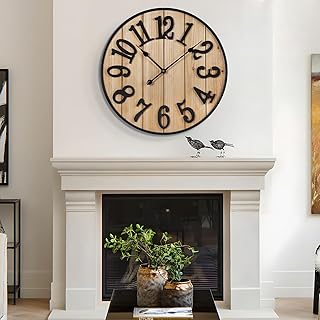 Large Wall Clock 30IN, Silent Metal Wood Style Wall Clocks Battery Opera...
