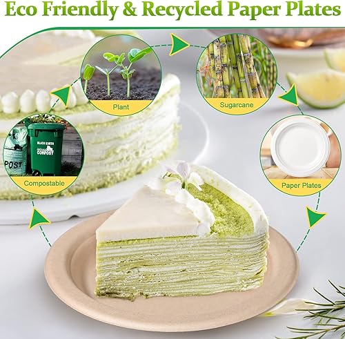 Miniatura 4 de Platos de papel desechables compostables, 6 pulgadas, paquete de 100, marrón, resistente, ideal para postres, pasteles, aperitivos