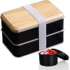 1400ml Bento Box Adult Lunch Box Large with 2 Layered Stackable Compartments & Utensil Set Cute Japanese Lunch Box Leak-Proof MicrowaveDishwasher Safe, 47oz Black