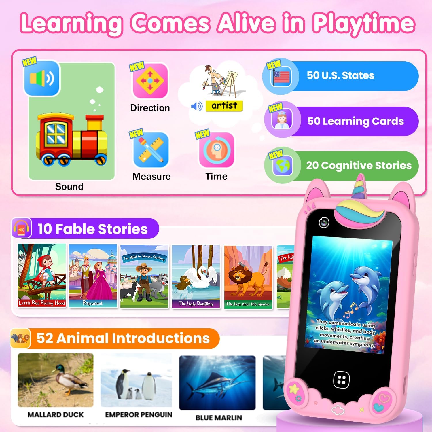 Kids Phone Toy for Girls, Christmas Birthday Gift for Ages 3-8, Toddler Learning Toy Touchscreen Cell Phone with Dual Camera, Music Player, Game, 8GB SD Card (Pink)