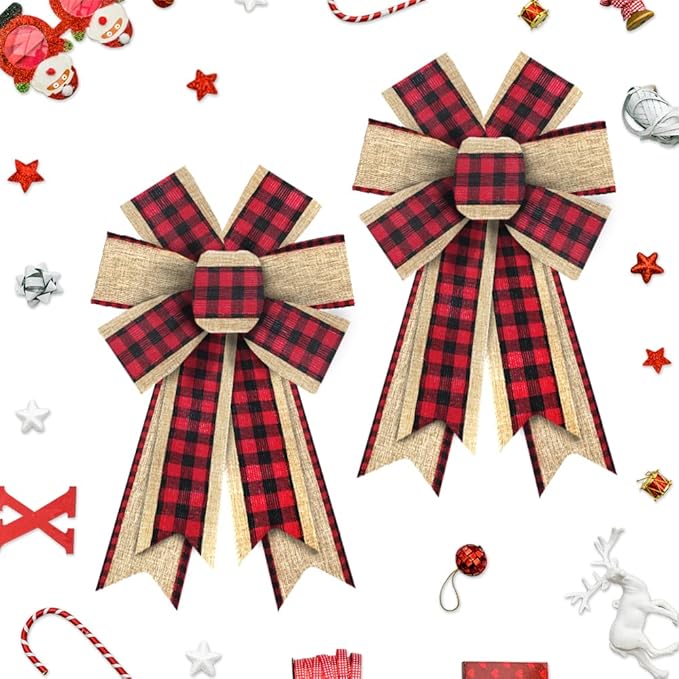 2pcs Christmas Wreath Bows Christmas Bows Red Brown Buffalo