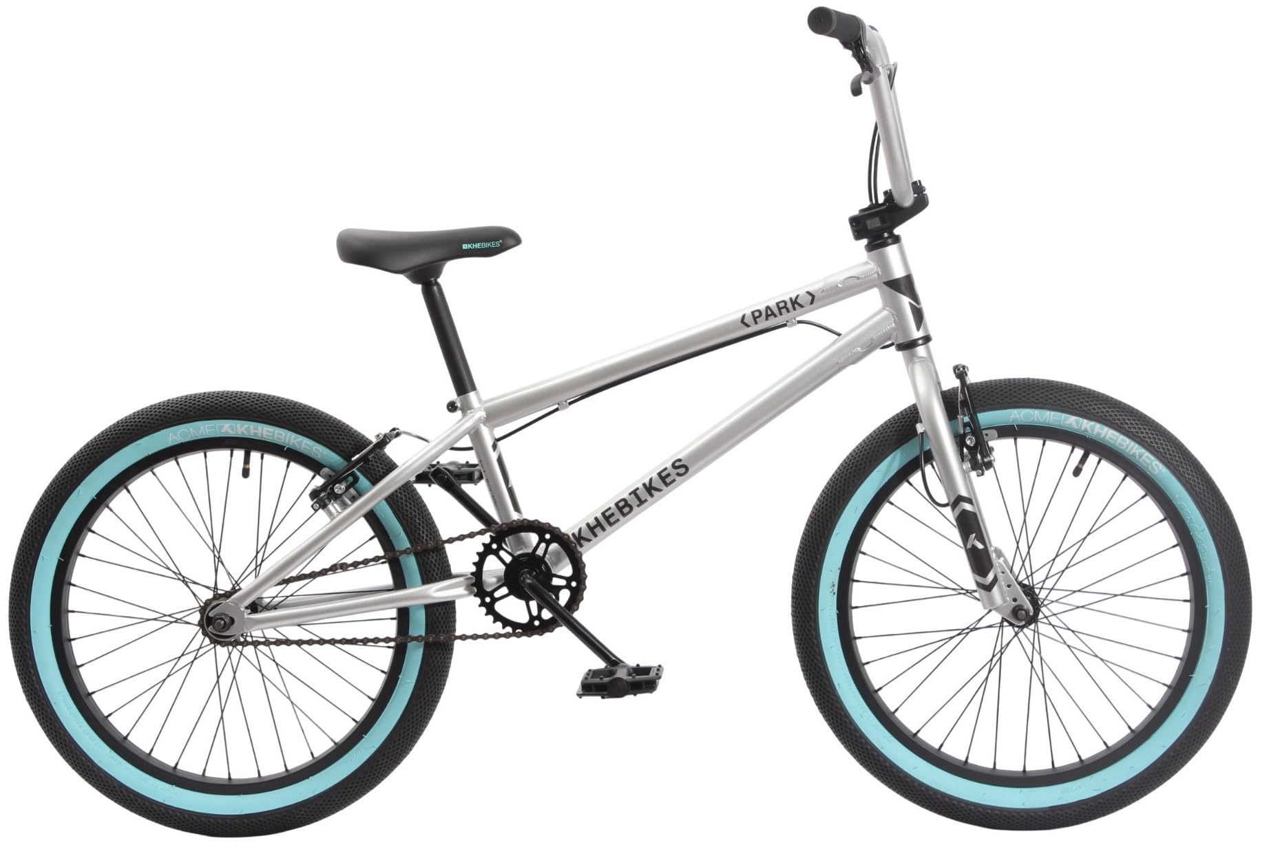 KHE Park Vélo BMX 20", léger, 11,1 kg, Freestyle Bike pour débutants et confirmés, freins en V, tube supérieur de 19,5", argenté/turquoise, modèle 2025